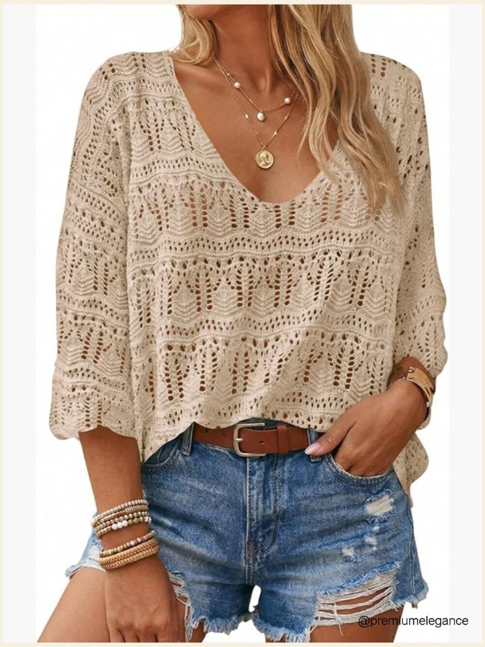 3/4 Sleeve Crochet Cover Up V-Neck Boho Knit Beach Top Resort Wear